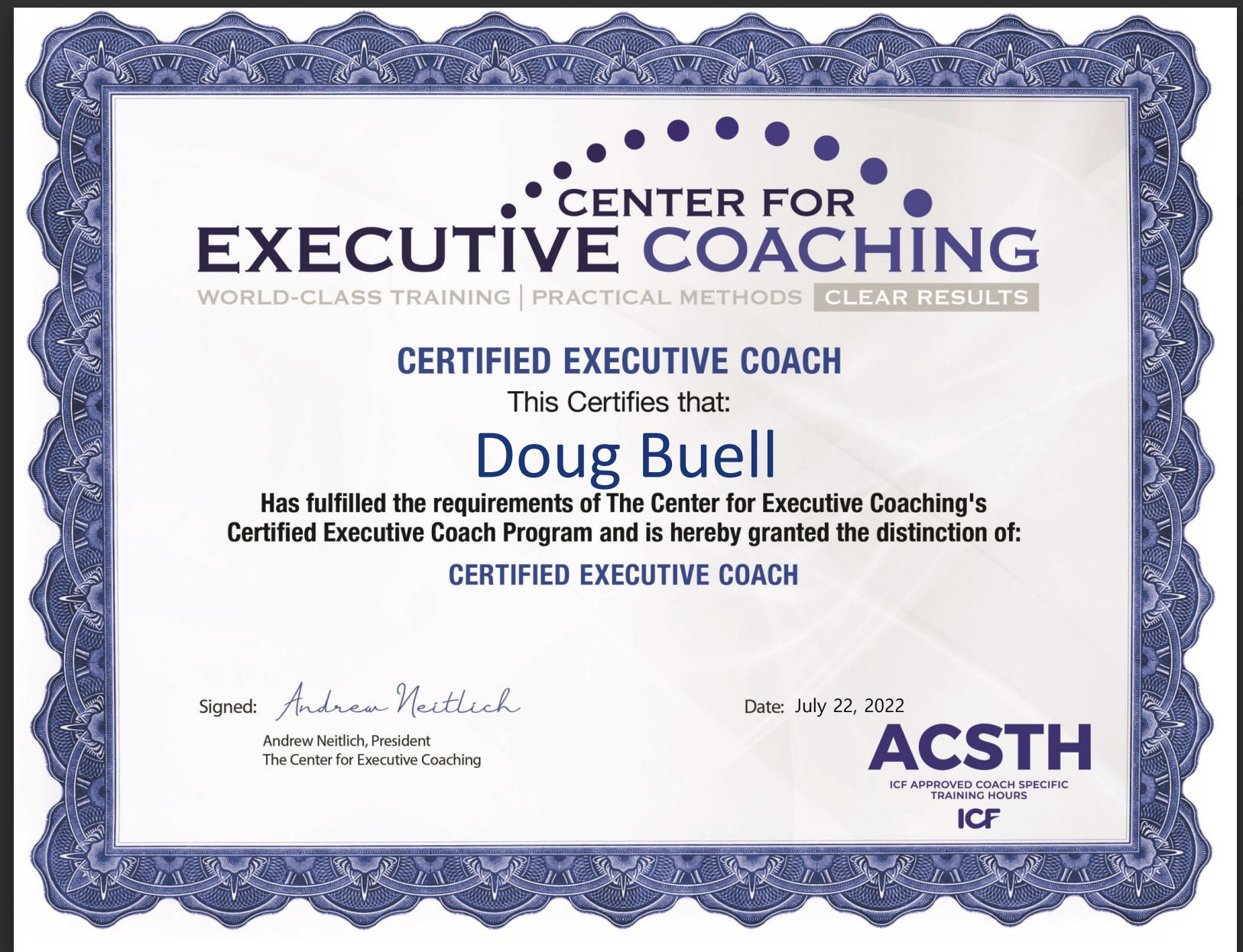 Center for Executive Coaching certificate — Certified Executive Coach awarded to Doug Buell