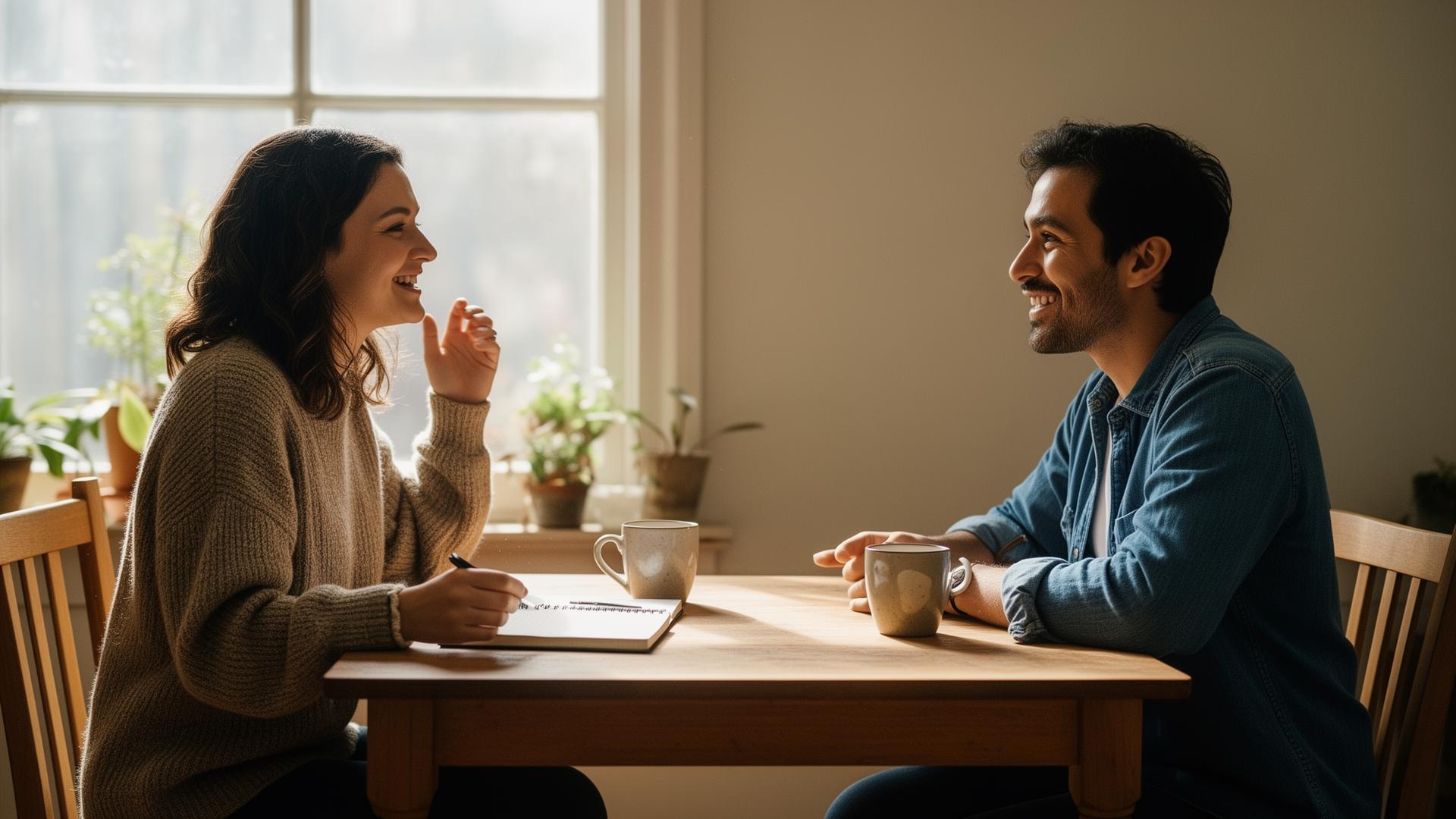 Two people in conversation across a wooden table